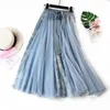 Fashion Tutu Tulle Skirt Women Long Maxi Skirt Korean Cute Bow High Waist Pleated Skirt Female School Sun Spodnica 210518