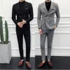 Men Double Breasted Two Piece Suit Coat Set Slim Fashion New Business Casual Jacket British Style Wedding Dress Blazers Pants X0909