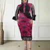 Vrouwen Floral Print Jurken Lange Mouw Dame Mode Ruffles Bodycon Lace Patchwork Plus Size Afrikaanse jurken met elastische XXL 210527