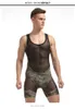 Bodysuit Сиамские трусики формируют кнопки борьба костюма дышащие сетки мужское нижнее белье камуфляж прозрачный борьба