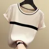 Shintimes fina de malha camiseta mulheres roupas verão mulher manga curta tees tops listrado t-shirt casual feminino tshirt femme 210304