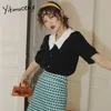 Yitimuceng Black Blouse Kvinnor Lace Short Shirts Loose Summer Fashion Sailor Collar Single Breasted Puff Sleeve Toppar 210601