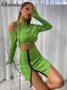 Glamaker Yeşil Soğuk Omuz Etekler Suits Kadınlar Lace Up Örme Ürün Kazak Ve Zip Etek Seksi Chic Kadınlar Kış Sonbahar Takım Elbise 211119