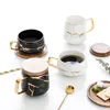 유럽의 스타일 작은 세라믹 커피 머그잔 커플 절연 패드 대리석 패턴 컵 접시 나무 커버 세트
