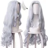 Grå peruk +1 klipp horn anime cosplay kostym syntetiska långa naturliga vågiga peruker för tjejer