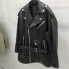 Manteau en simili cuir pour femme Printemps et automne Longueur régulière Col rabattu Vêtements avec ceinture Épaule tombante Importation Real Sheepskin Co