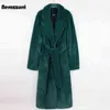 Nerazzurri Winter Long Green Warm Soft Loose Fluffy Faux Fur Coat Women Belt Lapel Elegant Luxury Designer Korean Fashion 211124