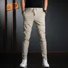 Été hommes taille élastique pantalons décontractés coréen Streetwear léger coton gris coupe ajustée pantalon 210715