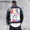 Gonthwid Hip Hop Graffiti Cartoon Ripped Denim Jackor Mens Casual Distressed Jeans Jacket Coat Streetwear Fashion Male Tops 210811