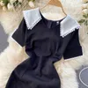 Kvinnor Mode Retro Dress Navy Collar Kortärmad Slim Simple Vestido de Mujer Kläder R377 210527