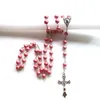 Roze hout katholieke rozenkrans ketting lange vintrage Jezus kruis hanger religieuze sieraden