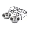 1 Sztuk Stal nierdzewna Podwójna Dog Cat Water Feeder Dish Retro Iron Stand Pet Food Bowls Y200922