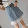 En linje denim kjol vår sommar kvinnor hög midja mini jeans plus storlek patchwork spetfickor blå s 210601