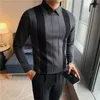 Hoge kwaliteit eenvoudige mode gestreepte splitsen trui mannen kleding nep-2pieces Business gebreide truien zwart / grijs 4XL-M 210918