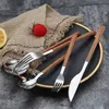 20/24Pcs 304 Stainless Steel Dinnerware Sets Glossy Silver Wooden Tableware Western Food Knife Fork Teaspoon Cutleries 211012