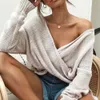 JOCOO JOLEE Autumn Long Sleeve Criss Cross Stickade tröjor Elegant V Neck Batwing Loose tröja Casual Solid Pullover Tops 210619