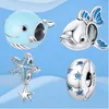 Autentyczne 925 Sterling Silver Beads Blue Crystal Blue Whale Fish Star Waves Charm Fit Original Bransoletka DIY Jewelry Q0531