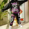 Graffiti Print Women Two-piece Set Loose Hoodies and Baggy Sweatpants Black High Street Jogging Pants Matching Suit Set Outfits Y0625