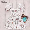 Southpire Bohe Flower Print White Dress Women's Short Puff Sleeve Zipper Mini Sundress Elegant Summer Dress Ladies Clothing 210302