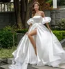 Avtagbar Puff Sleeve Satin Bröllopsklänning Hög Slit sida A-Line Simple Styles Bridal Gown Vestido de Novia 2022 Robe de Mariage