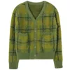 Green Plaid Cardigan Fuzzy Knit Front Button Cropped TY Harajuku Women e-Girl Aesthetic Y2K Streetwear / 211007