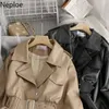 Neploe Fashion Faux Leather PU Coat Korean Style Turn-Down Collar Slim Outwear Full Autumn Women Jacket with Belt 211014