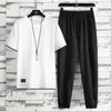 Summer Mens Ice Silk Casual Set Short-sleeved Sportswear Suit Men T-shirt 2 Piece Shorts Chinese Style Linen Thin Male Tracksuit Y0831