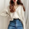 Qooth Fashion Cardigan Sweter Kobiety V Neck Hollow Out Lady Woolen Mieszanki Pełna Rękaw Dzianiny Jumper Kobieta QH139 210609