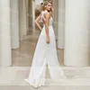 Chic Boho Combinaison Robes De Mariée 2021 Sexy Dos Nu Pantalon Blanc En Mousseline De Soie Robe De Mariée Bohème Élégant O Cou Sans Manches Pays 238P