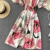 Teeuiear Slim Neck Summer Floral Print Long Bluzka Drparty Bandaż Vestido De Festa Kobiety Plaża Elegancka sukienka tunika X0529