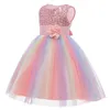 40# Kids Clothing Baby Girls Dress Sleeveless Sequined Flower Rainbow Color Matching Gradient Princess Net Gauze Tutu Dress Q0716