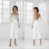 Mono atractivo barato Vestidos de novia Mangas largas Cuello transparente Sin espalda Apliques de encaje Longitud del té Vestido de novia bohemio de playa Bridal283e