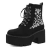 Cow Suede Embroidery Flower Platform Boots Chunky Punk Girls Womens Gothic Shoes Nightclub Lace Up Back Zipper Plus Size 35-43