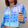 Vintage Fashion Heart Printed Pink Hoodies Women Zipper Up Cropped Sweatshirt Autumn Winter Jacket Basic 2 Piece Set Women 210927