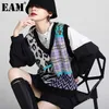 [EAM] Kobiety Nieregularne Kontrast Kolor Lampart Luźne Kamizelki Knitting V-Collar Bez Rękawów Moda Wiosna Jesień 1DD3875 211120