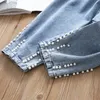 Babyinstar nya ankomst blå jeans för barn pärla design barn mode stil denim byxor toddler tjejer lösa byxor 210317