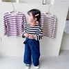Wiosna Koreański Styl Dziewczyny Koszulki Bawełniane Loosee Paski Najlepsze Dzieci Moda Odzież E9020 210610