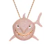 Large Pink Zircon Shark Pendant Necklace Iced Out Cuban Link Chain Mens Hip Hop Jewelry Gift
