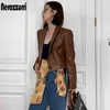 Nerazzurri Brown cropped leather jacket women long sleeve Leather blazers Spring black soft light faux leather top for women xxl 211118