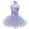 Flower Kids Girls Birthday Party Tutu Dresses with Headband Purple Sea Princess Toddler Baby Girls Wedding Dress Kids Cloth G1129