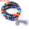 Wojiaer 108 Meditation Multi-Layer Long Strands Armband 7 Chakra Yoga Natural Round Mala Beads Life Tree Tassel Smycken DBK323