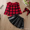 Autumn Children Sets Casual Long Sleeve Ruffles Plaid T-Shirt PU Skirt Hair band 2Pcs Girls Clothes 2-9T 210629