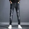 Spring masculin de la mode déchirépped jeans patch patch patch denim pantalon classique tendance mâle mince pieds casual pantalon noir 210531