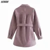 za Women Chic Wool Coats With Belt Solid Long Sleeve Pockets Shirt Jackets Outerwear Turn Down Collar Elegant Coat 211130
