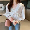 Fall Korean V-Collar Chiffon Shirt Women Long Flare Sleeve White Solid Fashion Ladies Tops V-neck Full Spliced 5681 50 210527