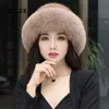 Kvinnor Real Mink Fur Bomber Hat Vinter Äkta Sticka Kepsar Varm Öronskydd Luxury Fluffy S Elastic Bowler 211229