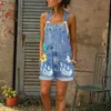 Nya sommarkvinnor Lång jumpsuits modeblommor tryckta jeans kort romper casual blommig ficka playsuit denim overaller w7jc#