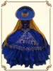 2022 Vintage Gold Embroidery Flowers Royal Blue Quinceanera Prom Dresses Ball Gown XV Mexican Charro Satin Evening party Formal Sw217R