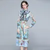 Wiosna Dres Lace Up Bow Luxury Conch Drukowanie Vintage Elegancki Długi Rękaw Dorywczo 210531