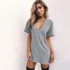 Kobiety Lato Seksowne Suknie Klubowe Ciemne V-Neck Krótki Rękaw Mini Sukienka Casual Fashion Beach Sukienka Damska Luźna Długa Koszulka Dress